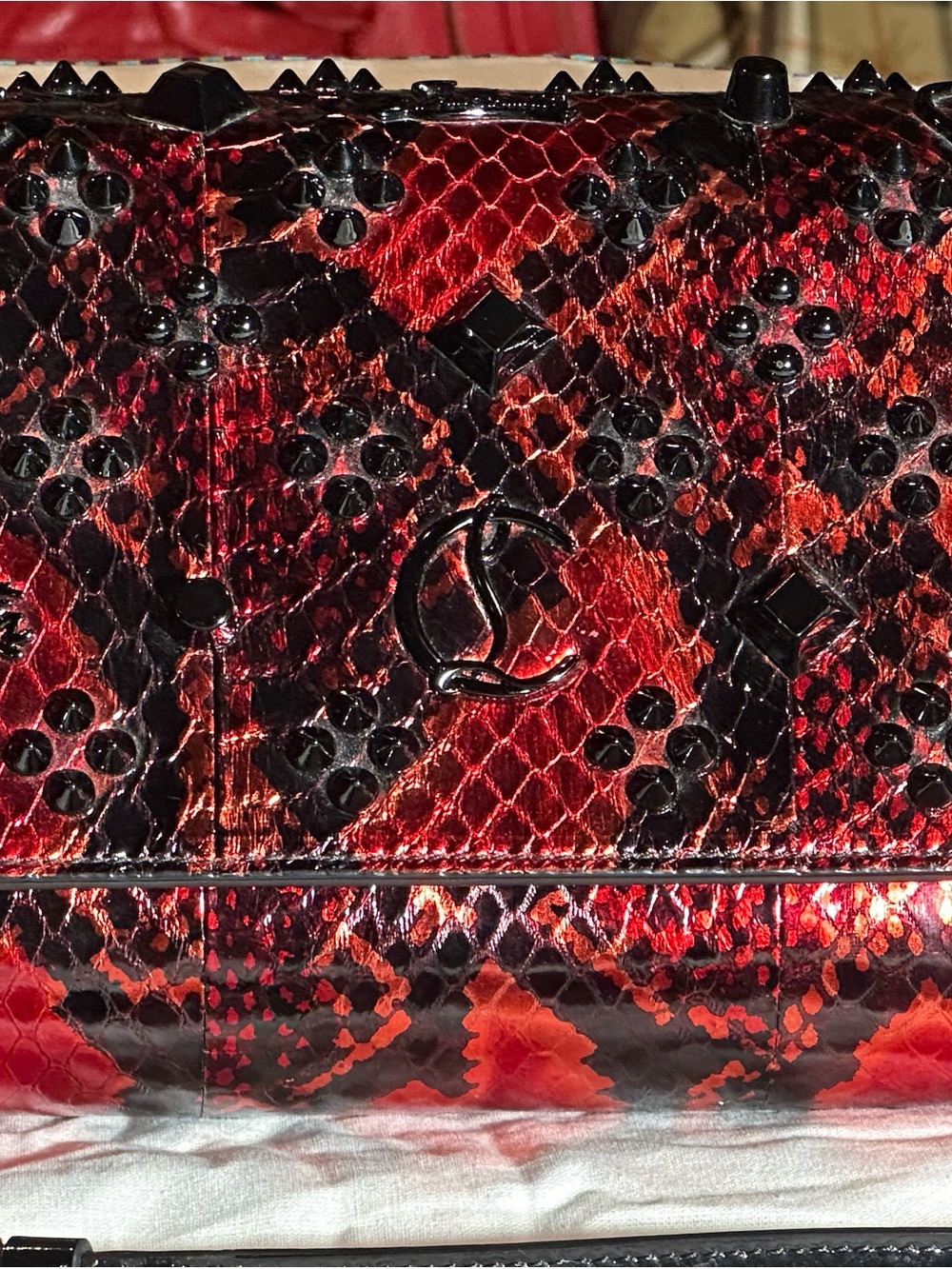 Christian Louboutin Red and Black Snakeskin-Print Studded Crossbody Bag